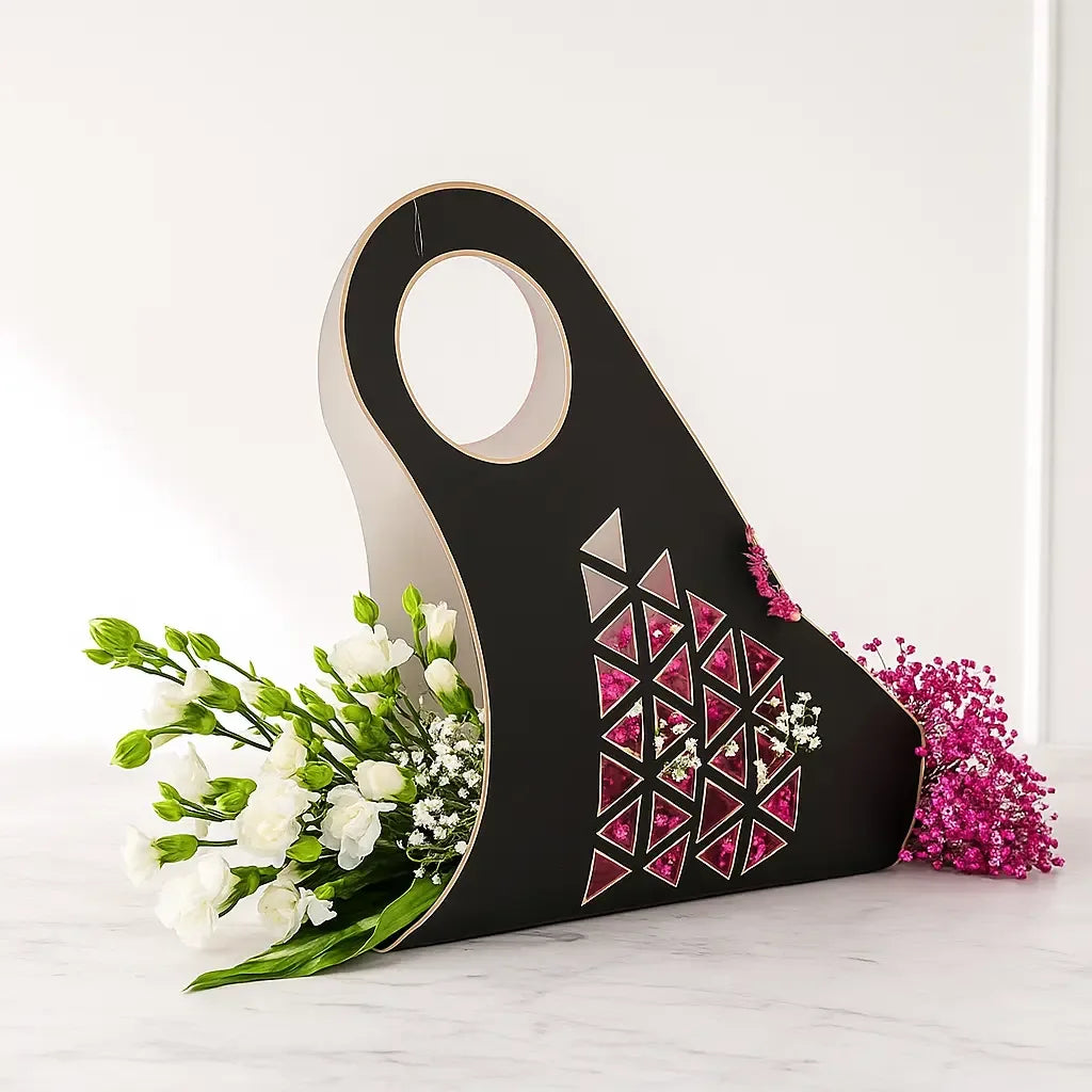 Carnation Roses and Gypso in Modern Black Gift Bag - atfleurs
