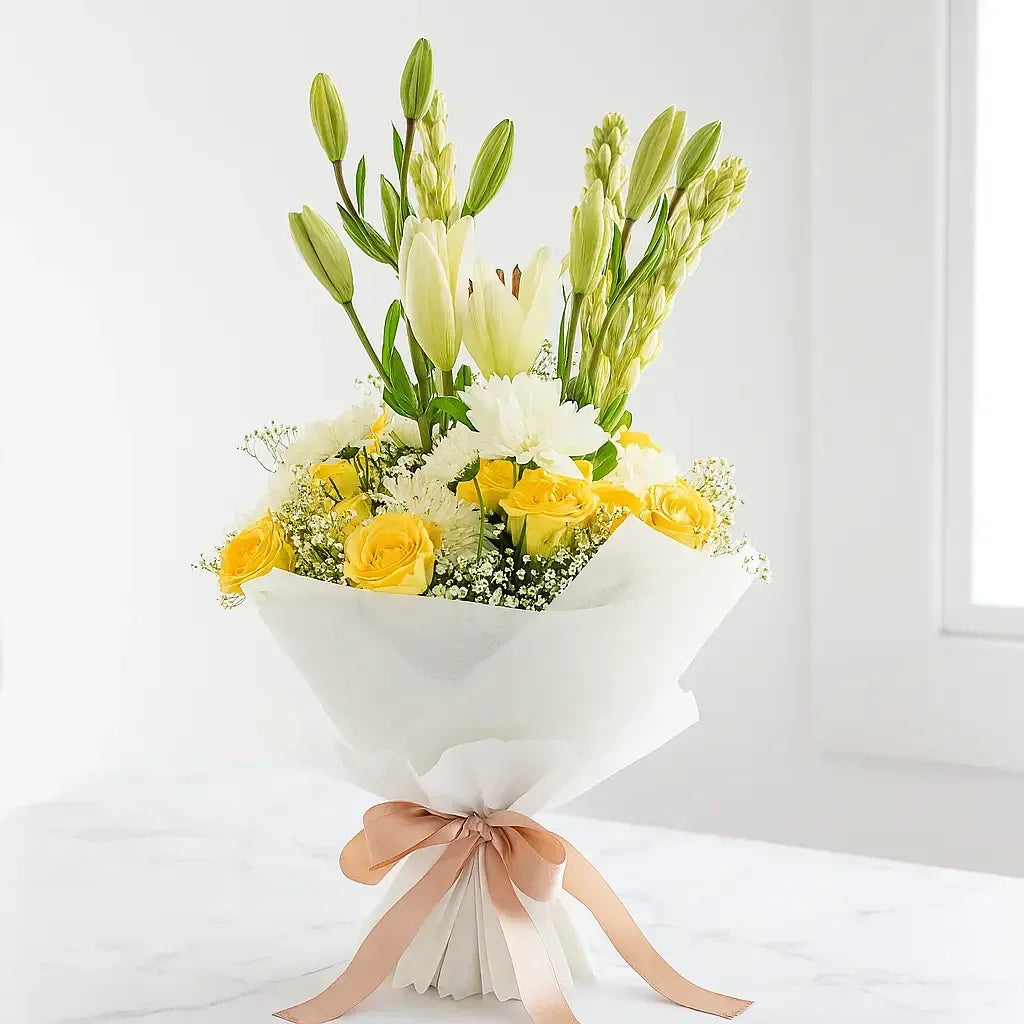 Yellow Rose and White Lily Hand Bouquet - atfleurs