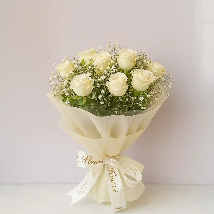 Classic White Rose Bouquet with Baby’s Breath - atfleurs