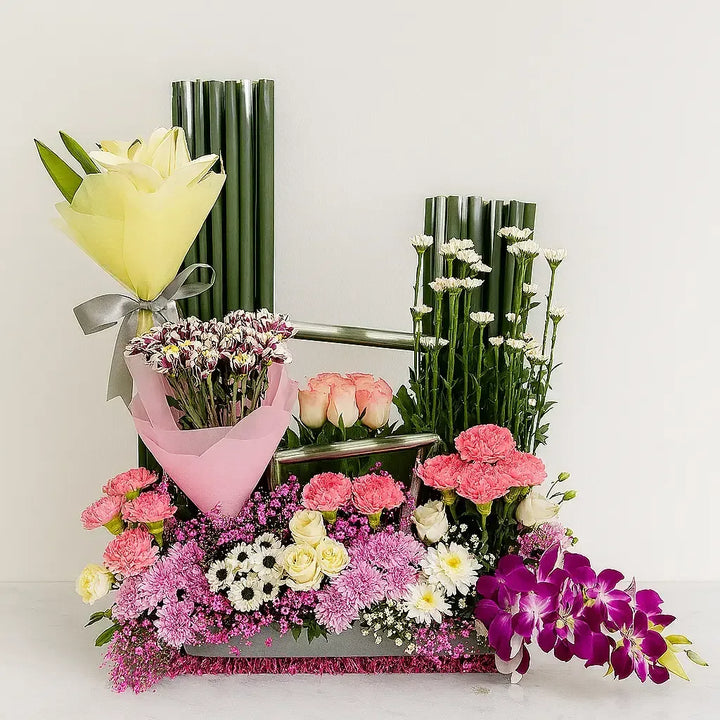 Lilies and Orchid Flower Box with Yellow Roses and Chrysanthemums - atfleurs