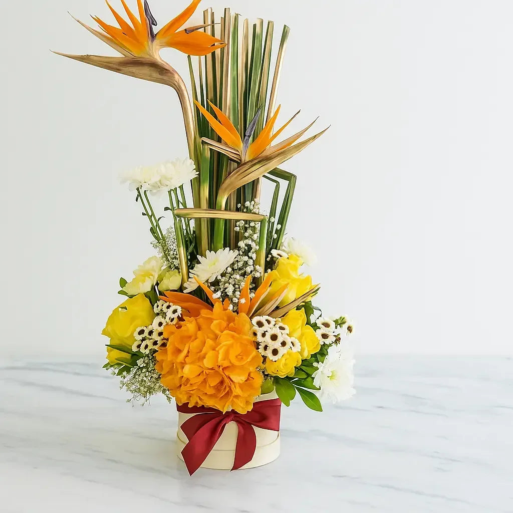 Bird of Paradise and Yellow Rose Box Arrangement - atfleurs