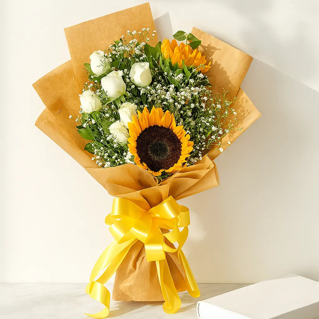 Baby's Breath in a Hand Bouquet of Sunflowers and White Roses