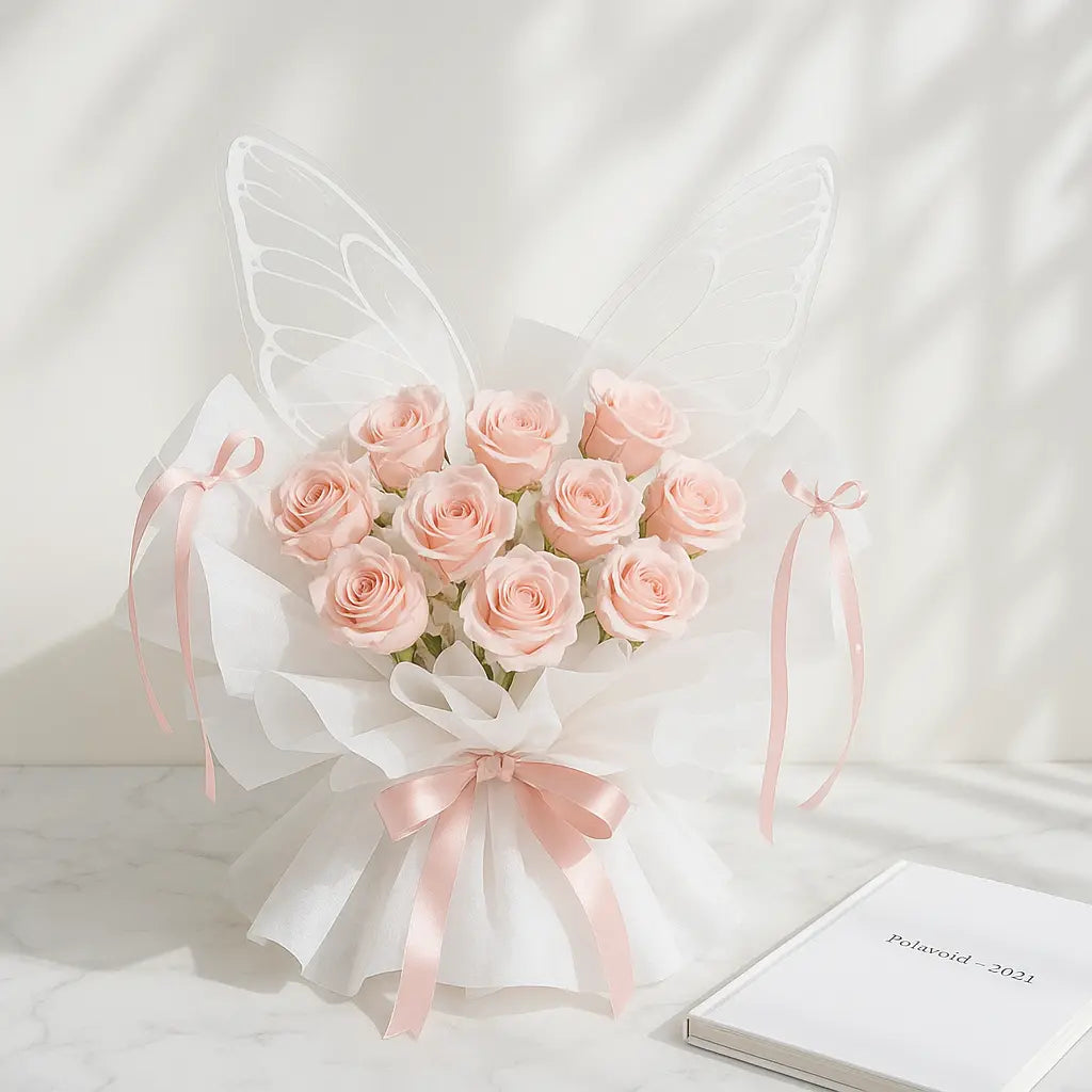 Butterfly Bouquet of Soft Pink Roses with Sheer White Wrap