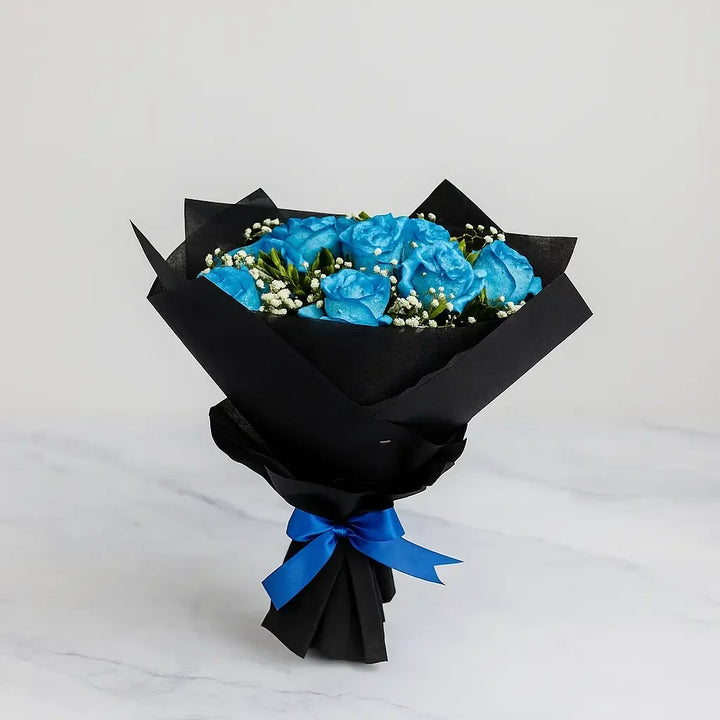Blue Roses and Gypso Bouquet in Black Wrap - atfleurs