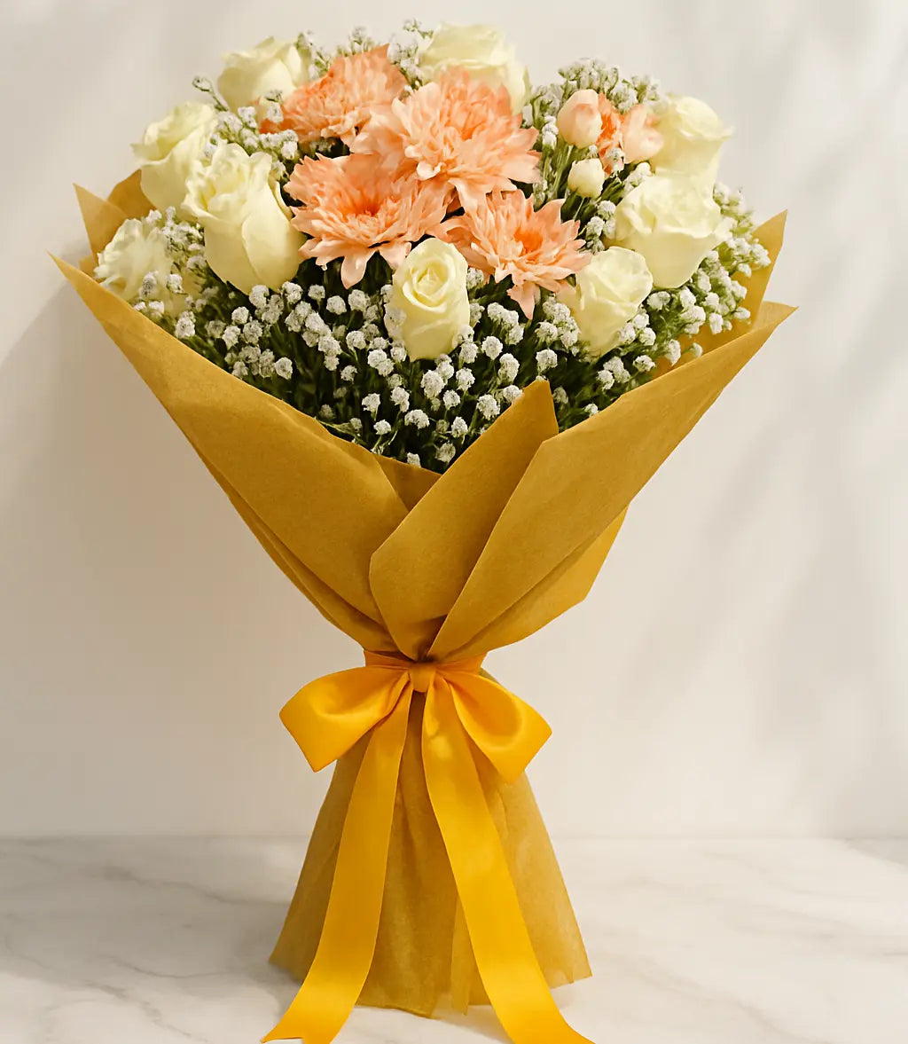 Peach Chrysanthemum and White Rose Hand Bouquet with Gypsophila