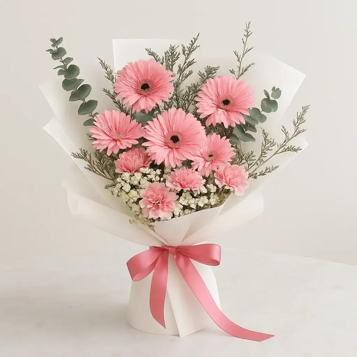 Pink Gerberas and Carnations in White Wrap - atfleurs