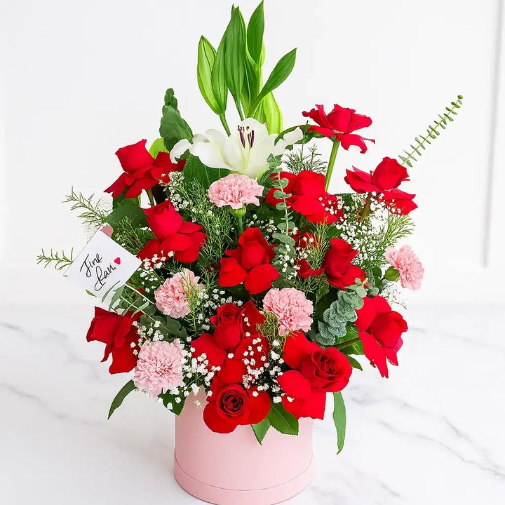 White Lily Pink Carnation and Red Rose Bouquet in Pink Box - atfleurs