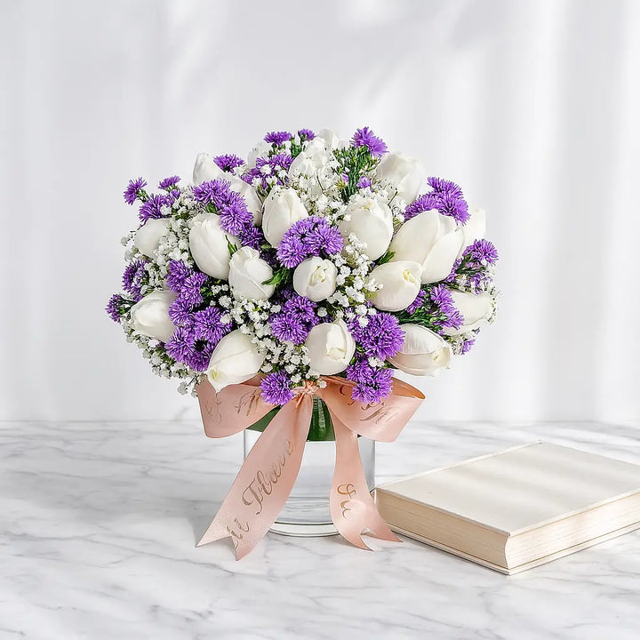 White Roses with Purple Daisy and Gypsophila in Glass Vase