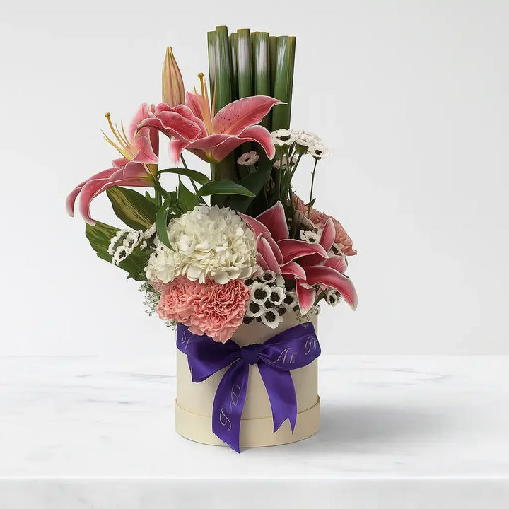 Hydrangea and Lily Box with Santinis and Gypso - atfleurs
