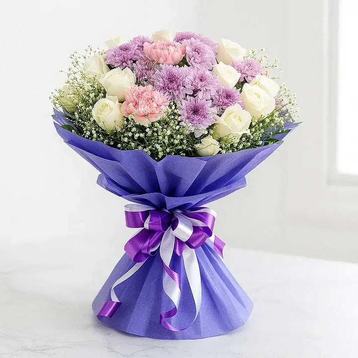 Pink Carnation and White Rose Hand Bouquet with Gypso - atfleurs