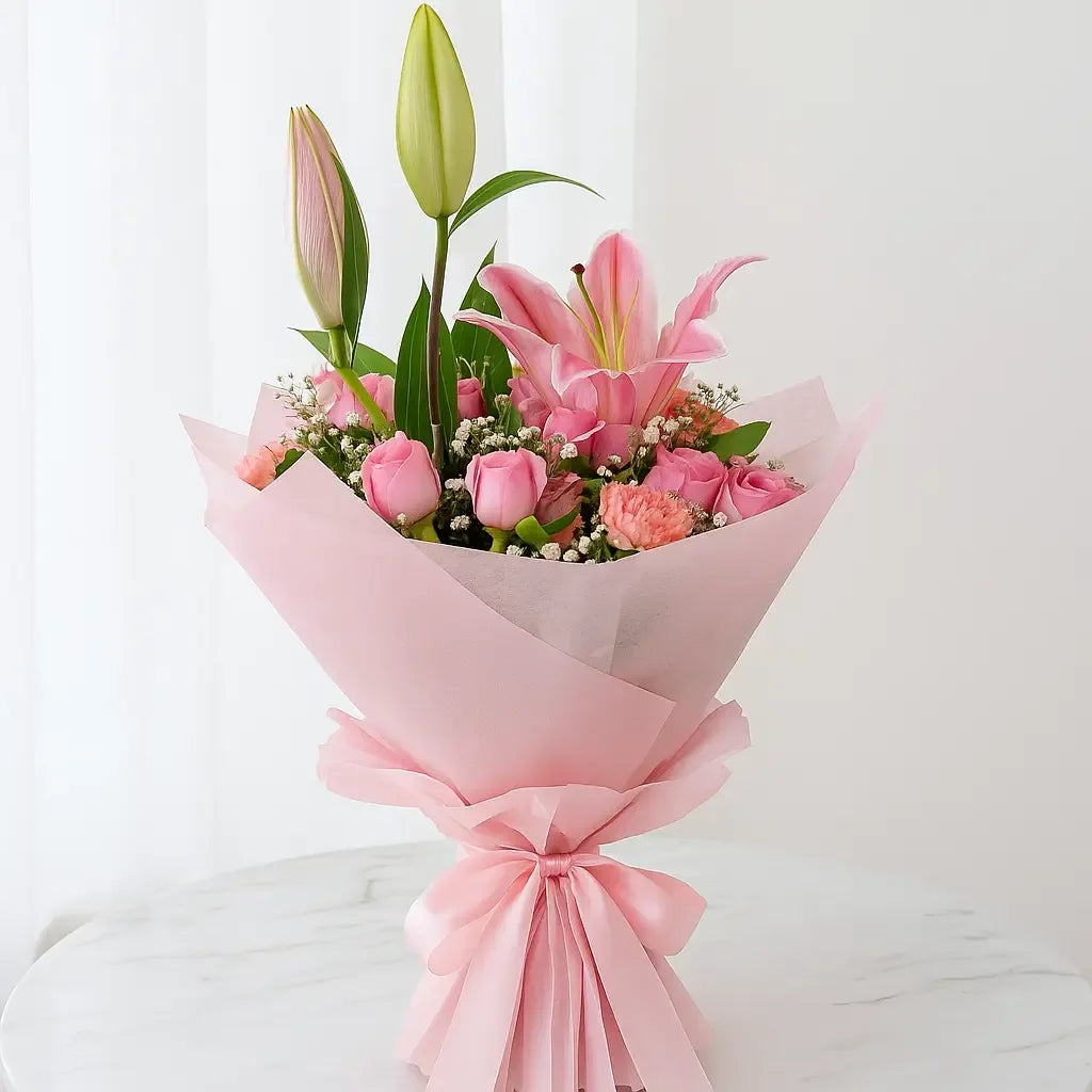 Pink Lily and Rose Hand Bouquet with Gypso - atfleurs