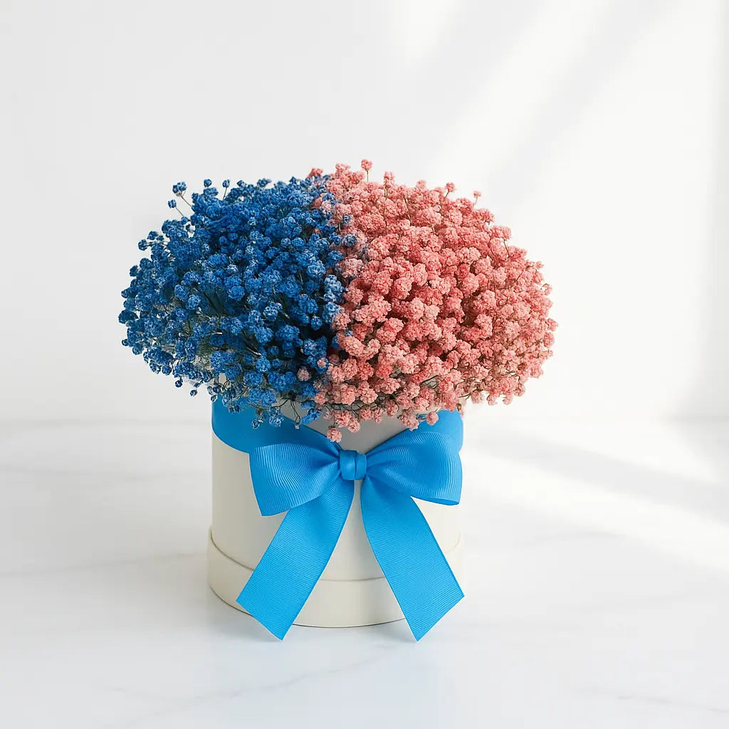 Pink and Blue Gypsophila Box Arrangement