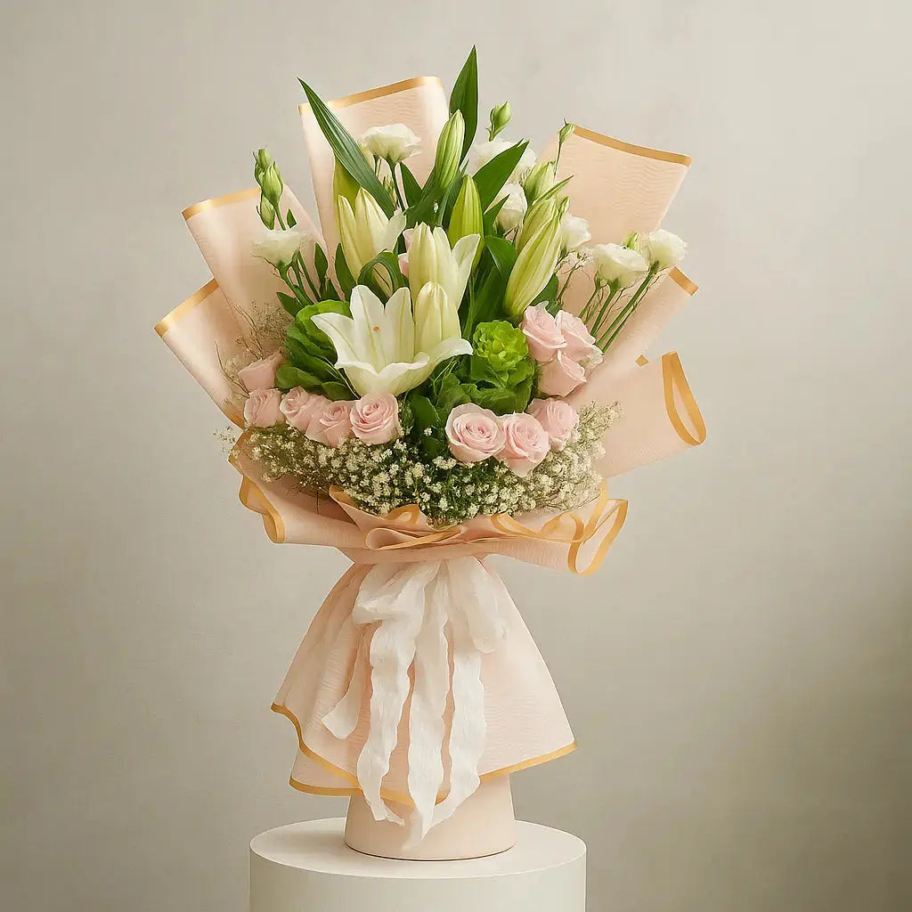 Lily, Rose & Gypso Hand-Tied Bouquet
