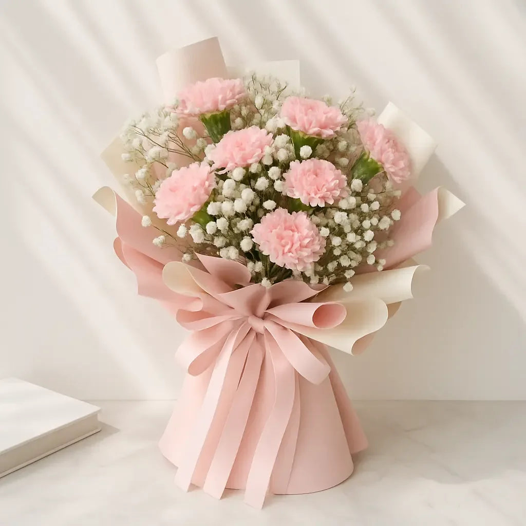 Pink Carnation and Baby’s Breath Bouquet – 7 Stems - atfleurs