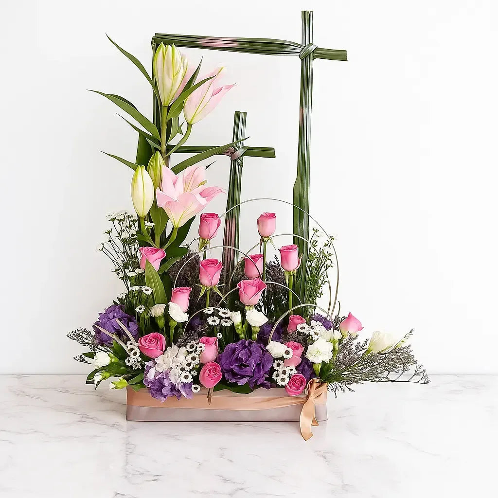 Lilies Carnations Hydrangeas and Pink Roses in a Flower Box - atfleurs