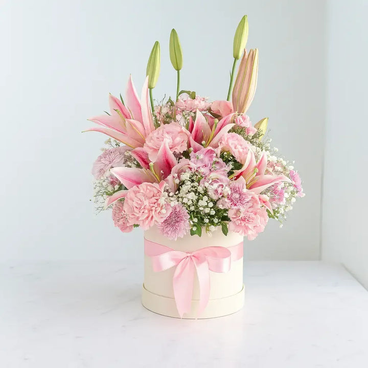 Pink Lilies and Carnations Box Arrangement - atfleurs