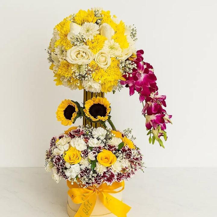 Sunflower and Orchid Flower Box with Roses and Chrysanthemums - atfleurs