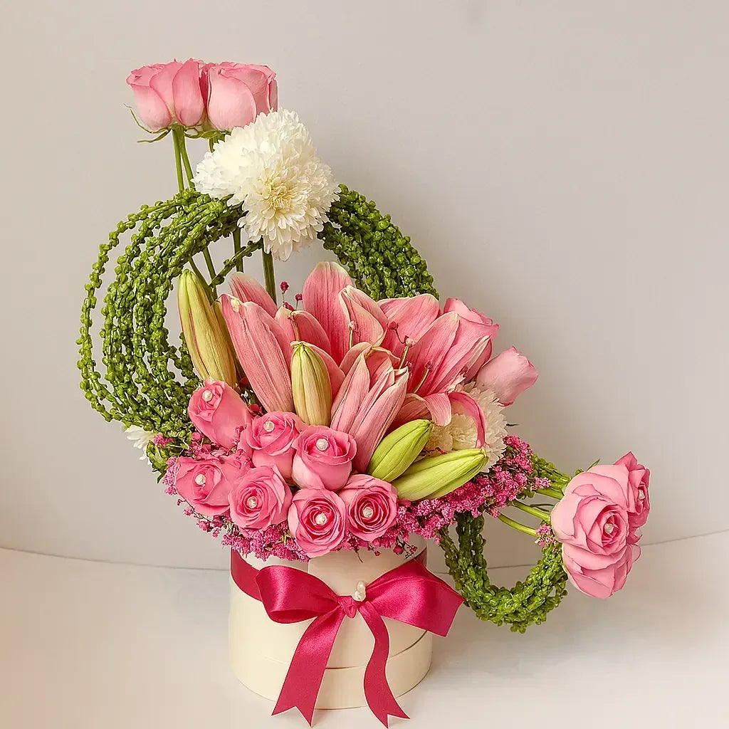 Pink Lilies and Roses Box with Chrysanthemum - atfleurs
