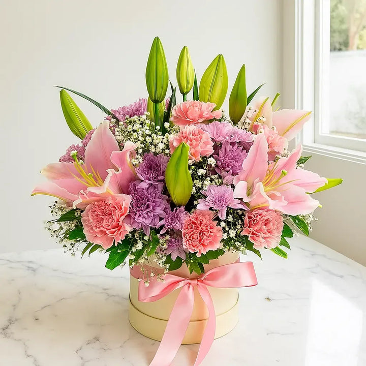 Pink Lilies Carnations and Chrysanthemums Box - atfleurs