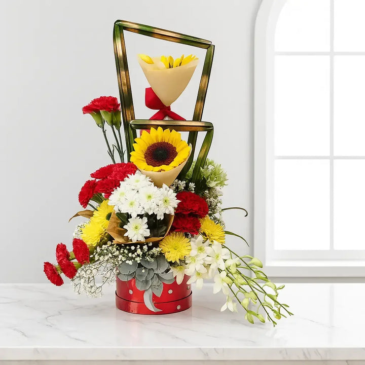 Sunflower and Carnation Flower Box with Rajnigandha - atfleurs