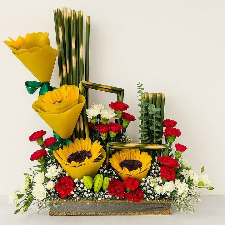 Sunflower and Carnation Mix with Eucalyptus and Gypso - atfleurs