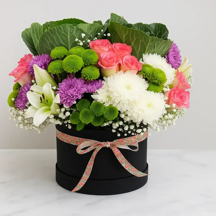 Rose and Chrysanthemum Box with Lilies and Green Buttons - atfleurs