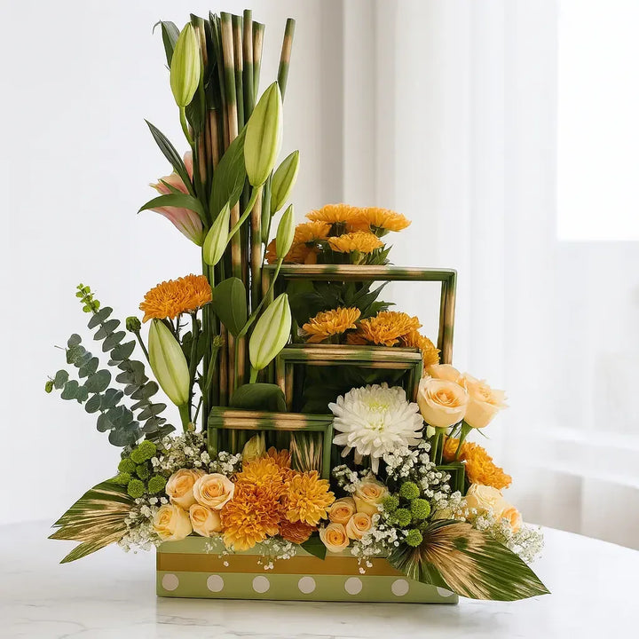 Fresh Lilies and Chrysanthemum Box with Roses and Gypso - atfleurs