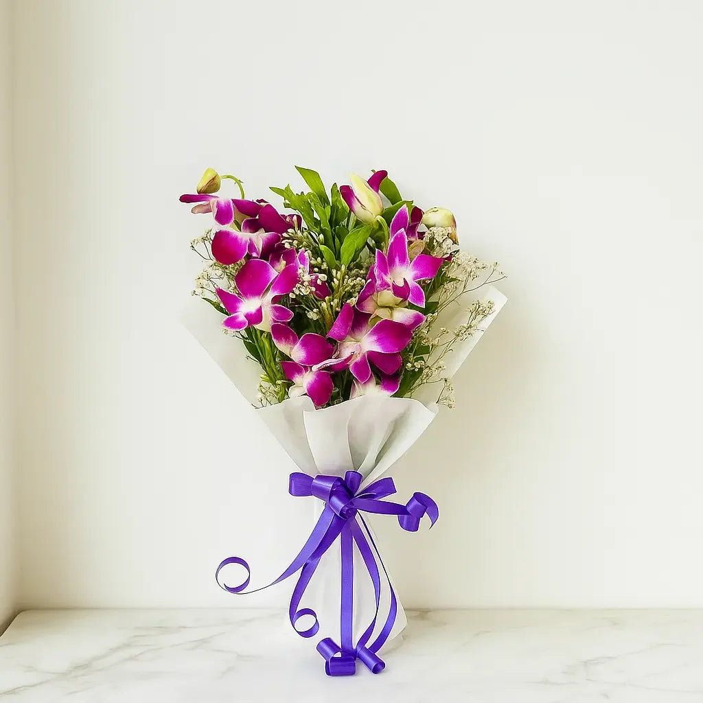 Fresh Orchid Bouquet with Purple Ribbon - atfleurs