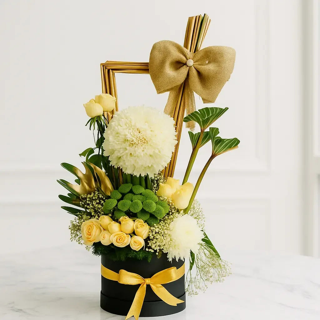 Yellow Roses Chrysanthemum and Gypsophila Floral Box Arrangement - atfleurs