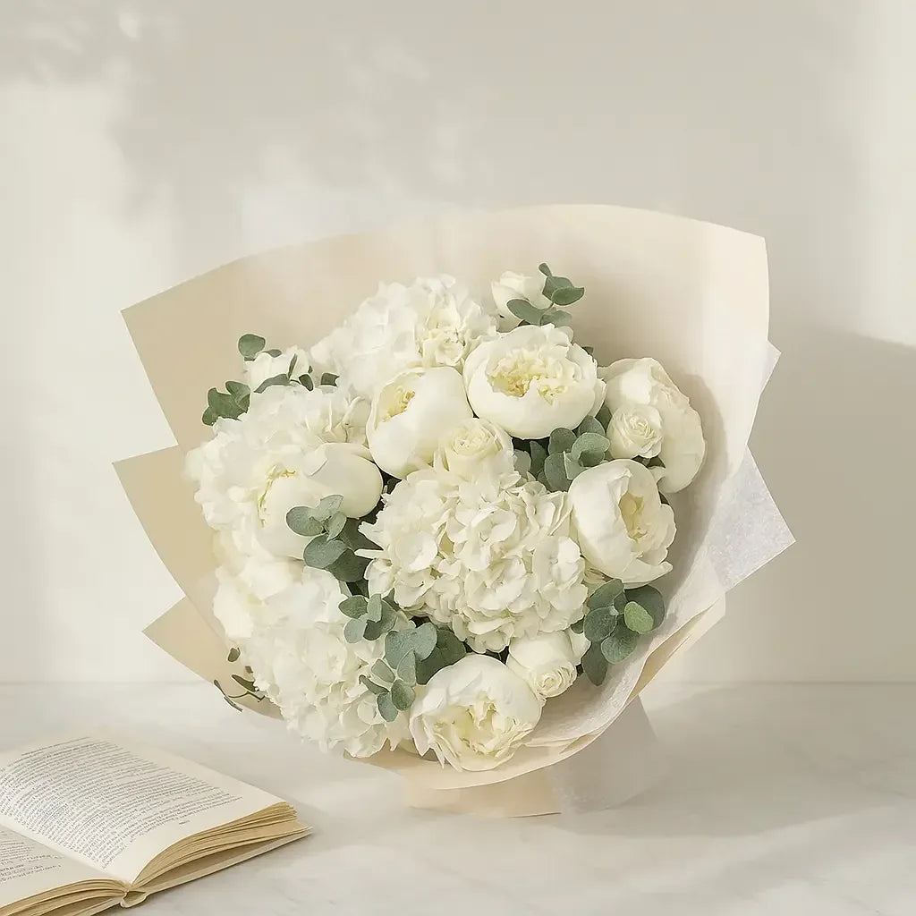 White Peony Hydrangea Bouquet with Eucalyptus Leaves - atfleurs