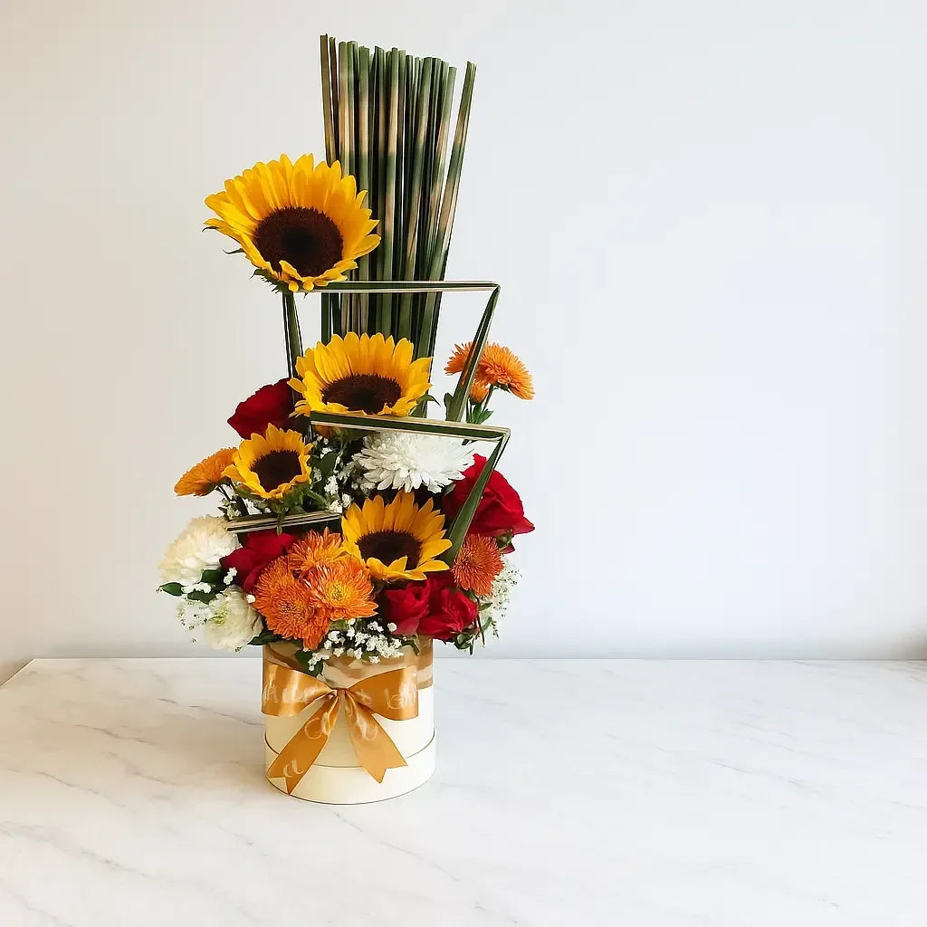 Bright Sunflower and Rose Box Arrangement - atfleurs