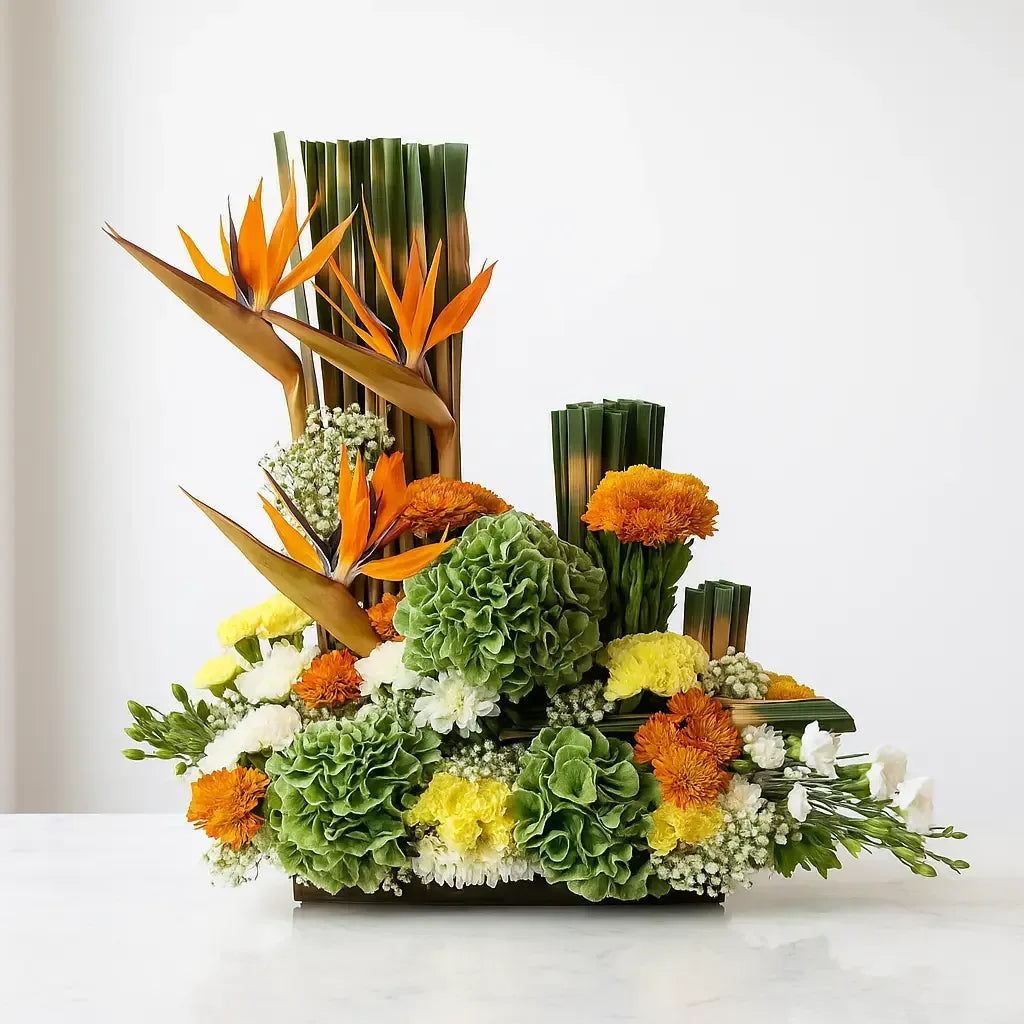 Bright Flower Arrangement with Bird of Paradise and Hydrangea Chrysanthemum - atfleurs