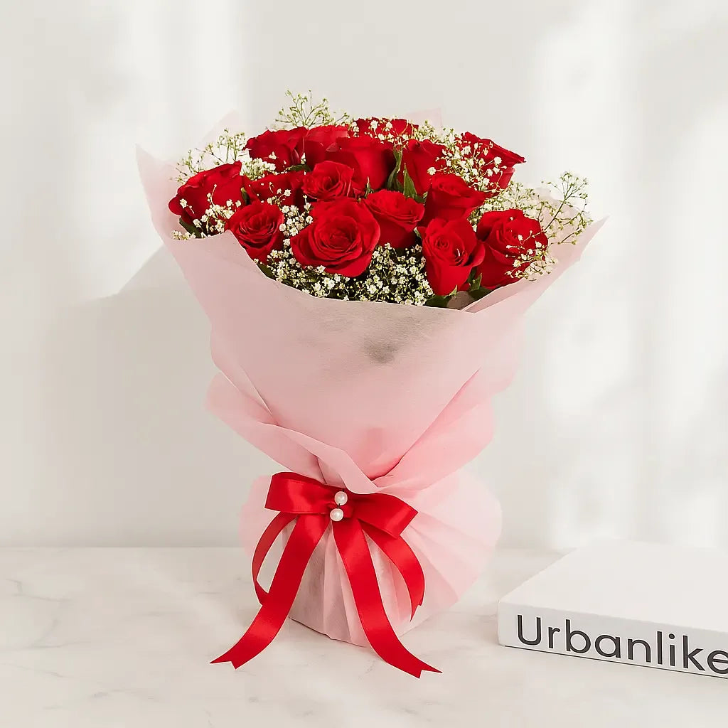 Bouquet of Red Roses and Gypsophila Wrapped in Soft Pink - atfleurs