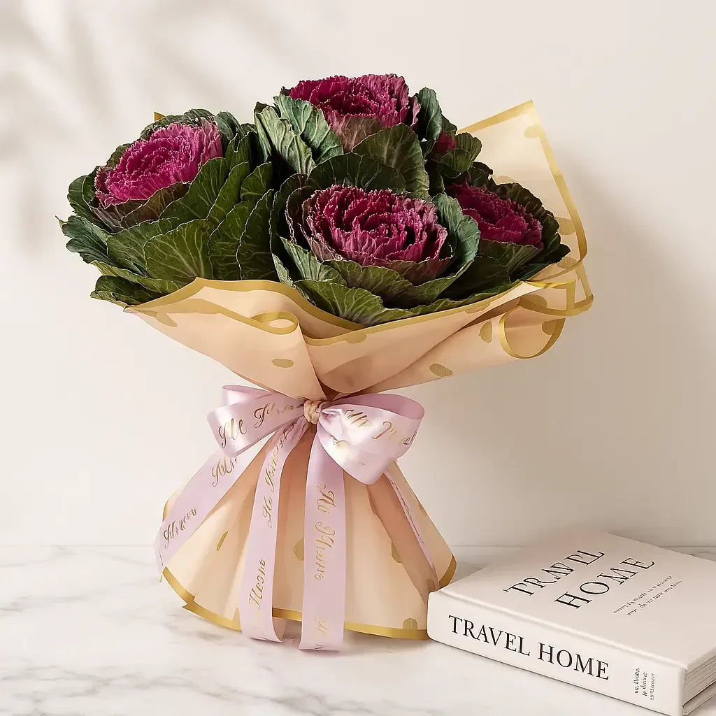 Fresh Ornamental Cabbage Bouquet with Pink Wrap - atfleurs