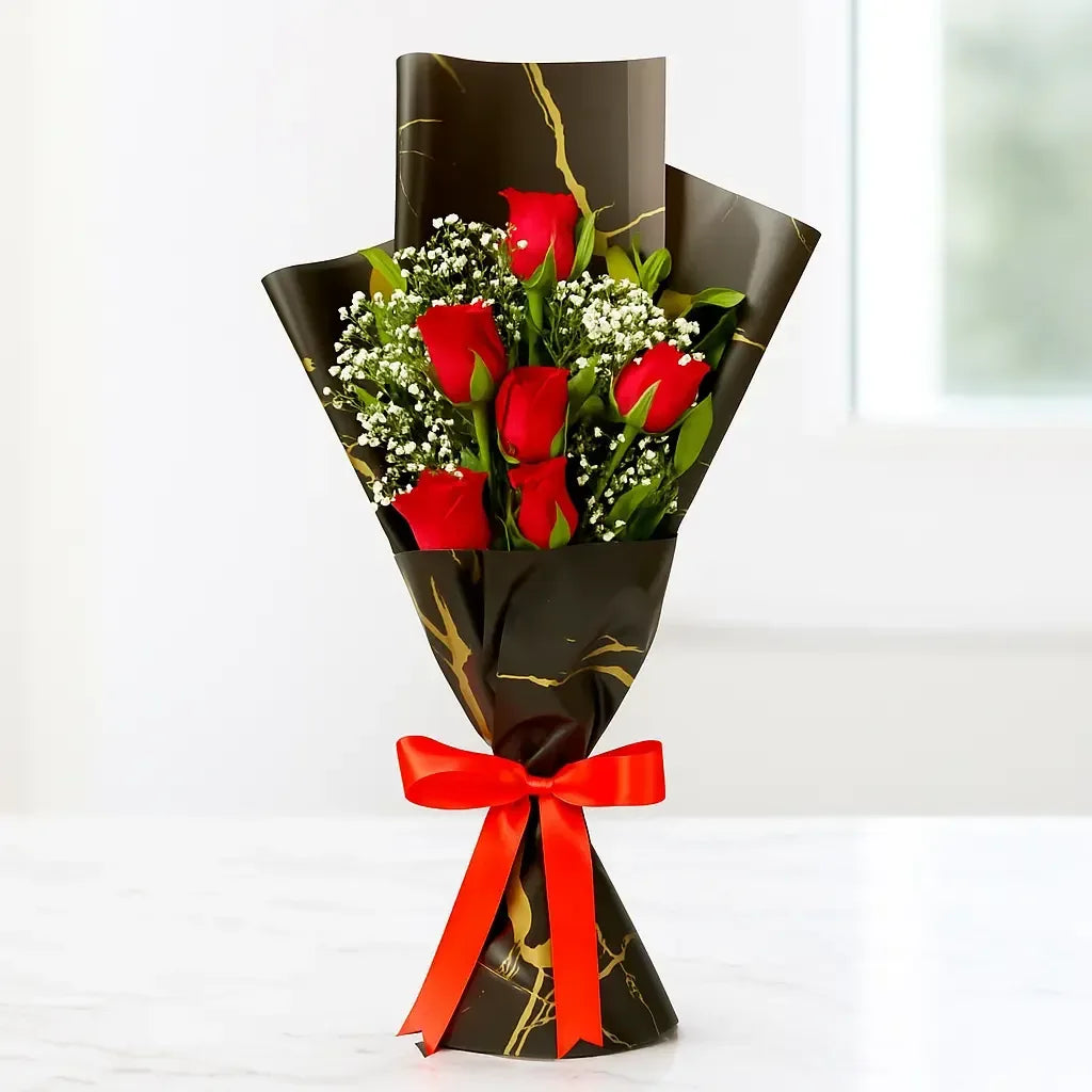 Red Rose and Gypso Bouquet with Black Wrap - atfleurs