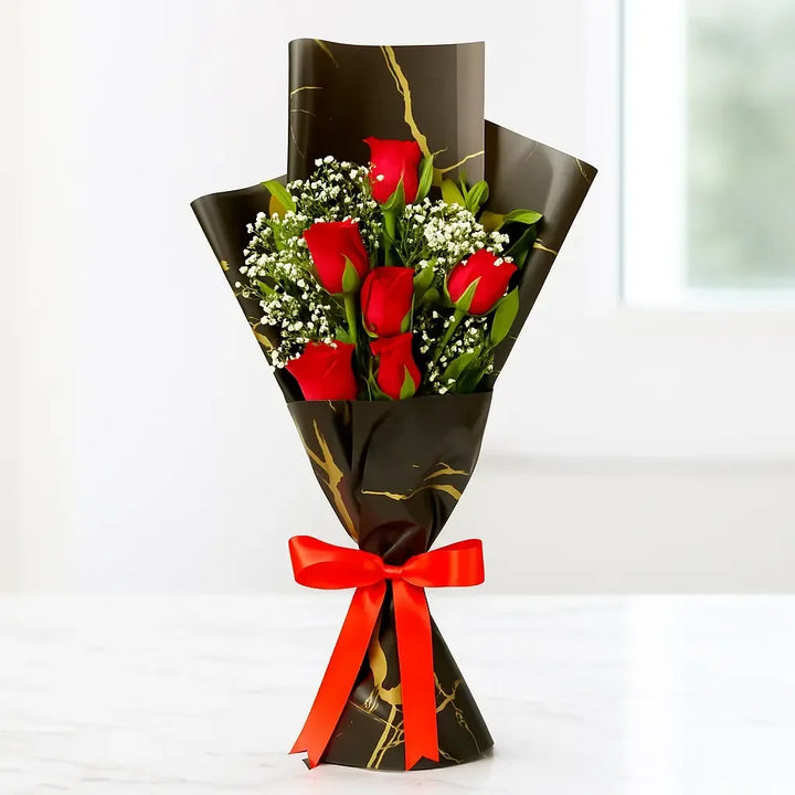 Red Rose and Gypso Bouquet with Black Wrap - atfleurs