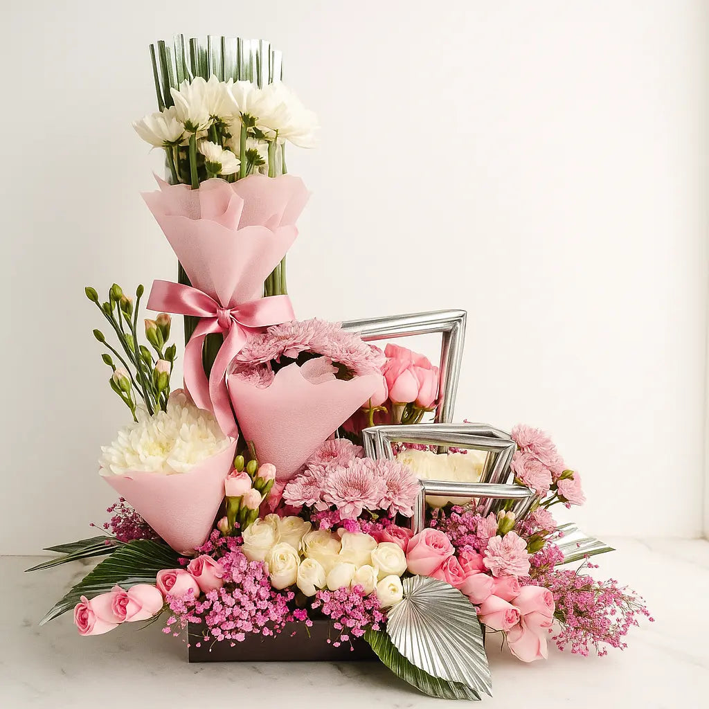 Chrysanthemum Rose Carnation Floral Arrangement in Pink and White