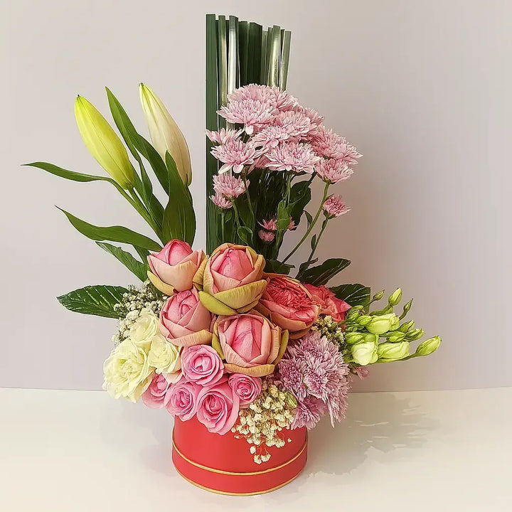 Lotus and Lily Box with Roses and Chrysanthemums - atfleurs