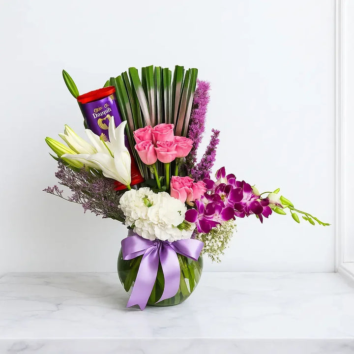 Dairy Milk Chocolate and a Lily Orchid Rose Arrangement - atfleurs