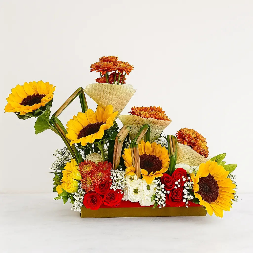 Sunflowers Red Roses and Chrysanthemums in Designer Box - atfleurs