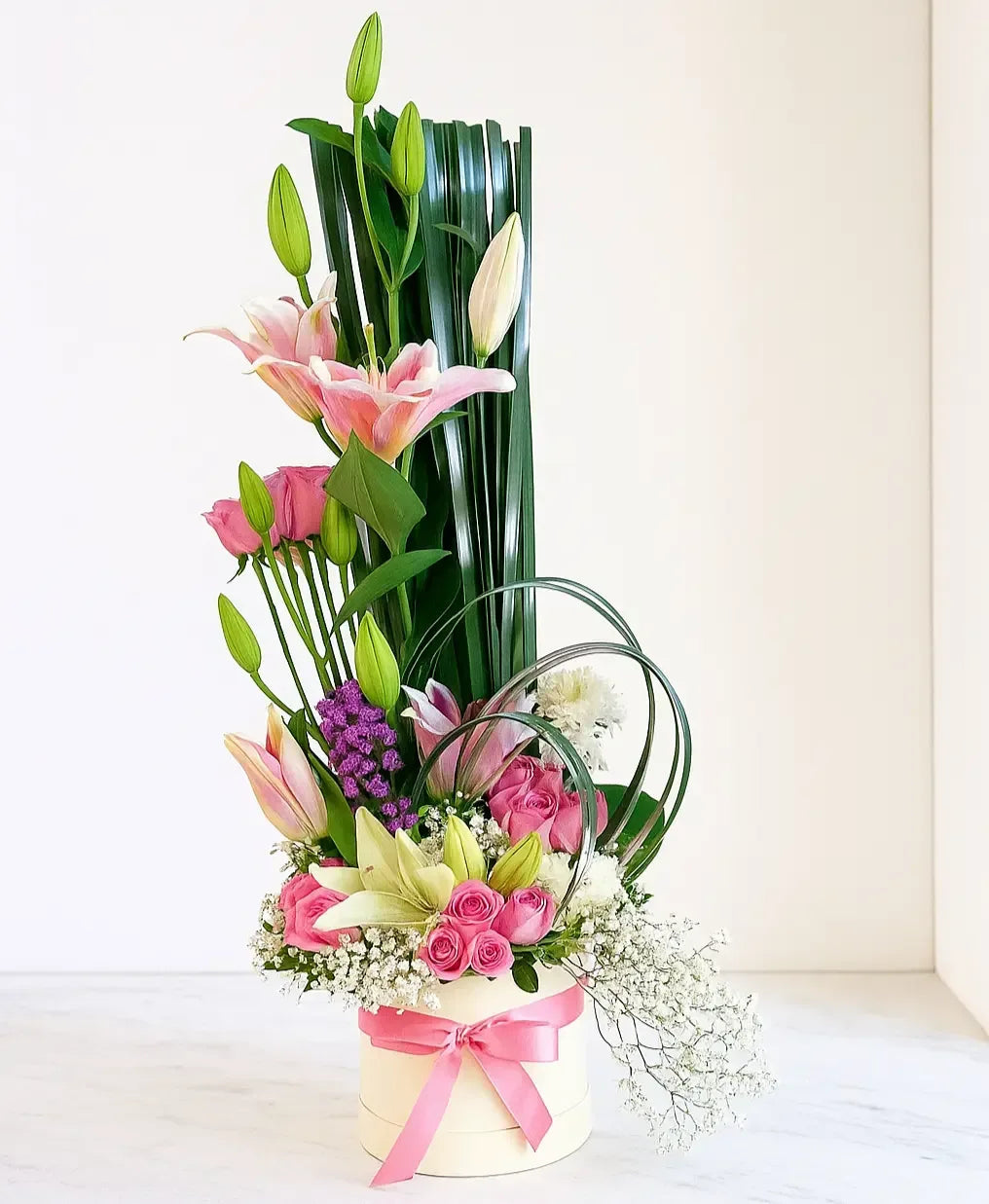 Pink Lilies and Roses with Chrysanthemum and Gypso in Box - atfleurs
