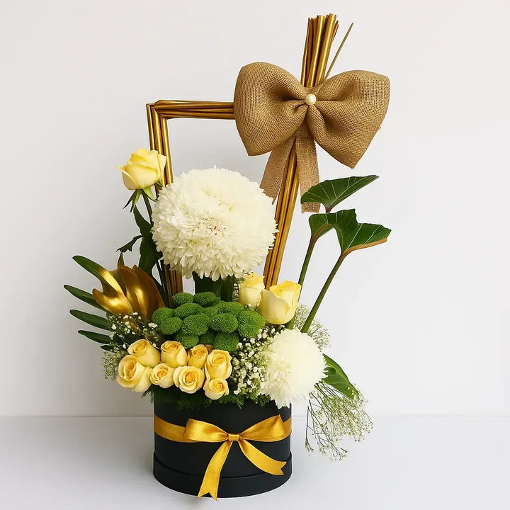 Chrysanthemum and Rose Box with Green Buttons and Gypso - atfleurs