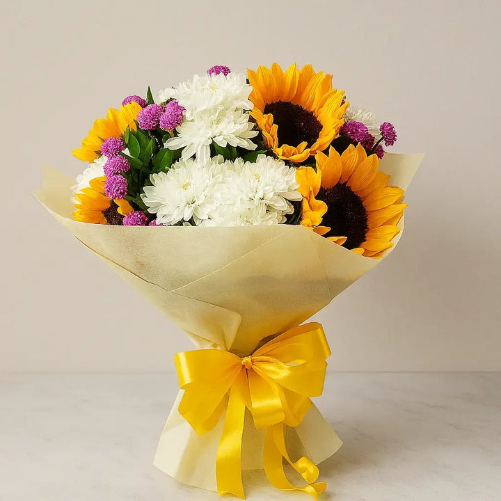 Sunflower and Chrysanthemum Hand Bouquet - atfleurs