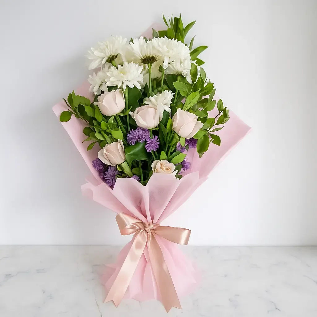 Soft Pink Rose and Chrysanthemum Bouquet with Gypso - atfleurs