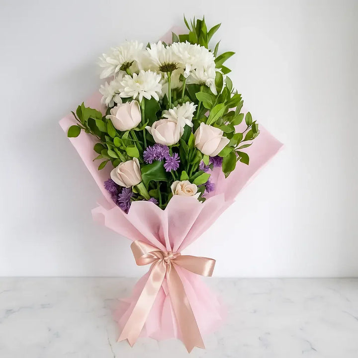 Soft Pink Rose and Chrysanthemum Bouquet with Gypso - atfleurs