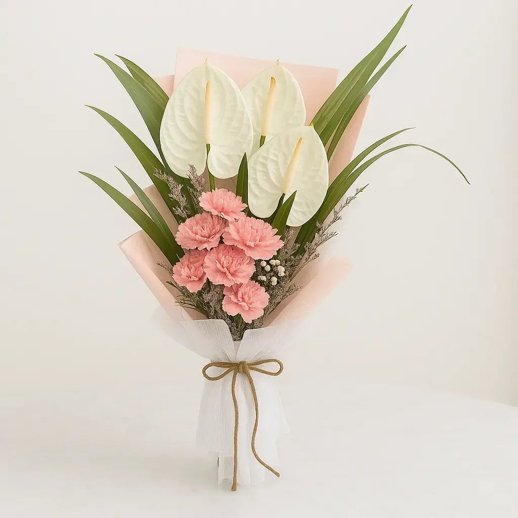 White Anthuriums and Pink Carnations - atfleurs