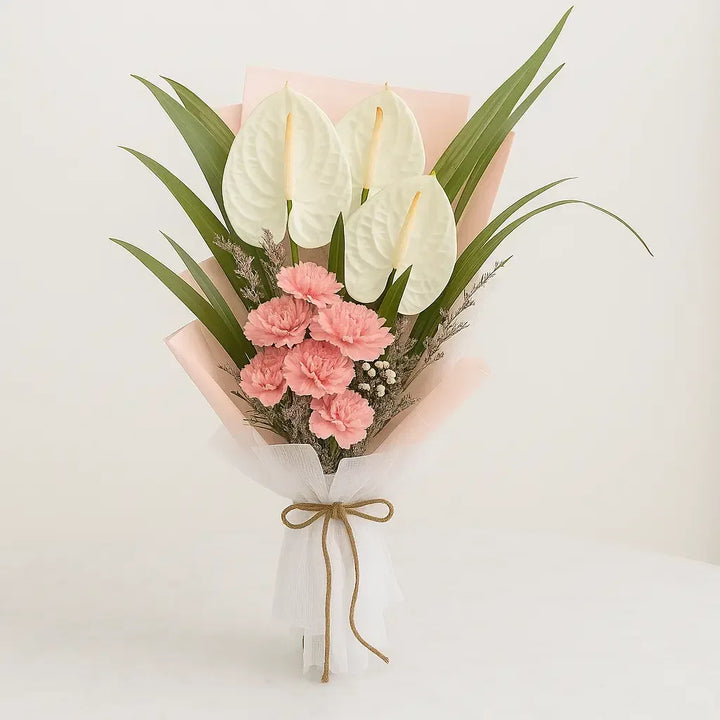 White Anthuriums and Pink Carnations - atfleurs