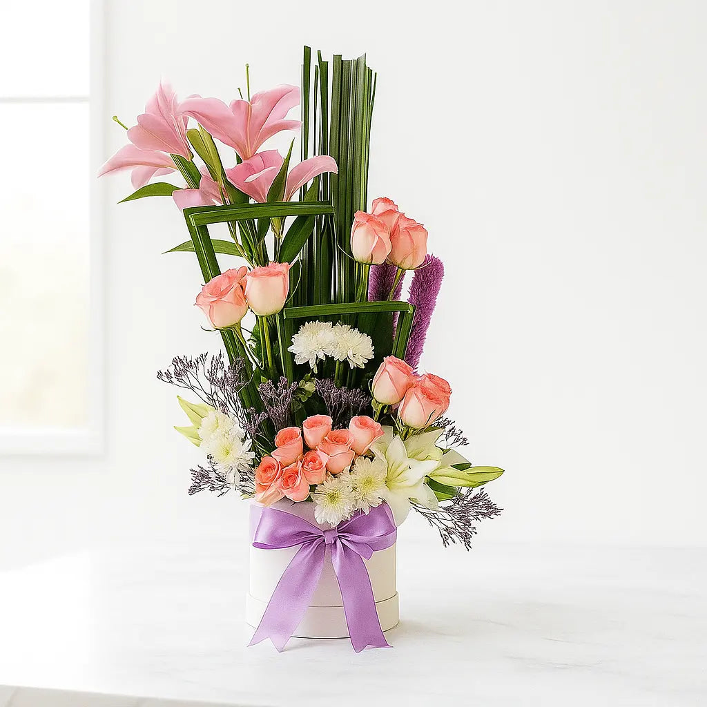 Elegant Pink Lily, Rose, and Chrysanthemum Box Arrangement with Gypsophila atfleurs
