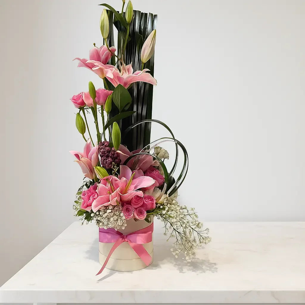 Pink Lilies and Roses Floral Box Arrangement - atfleurs