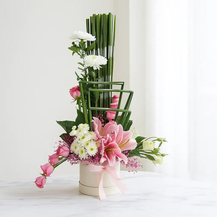Pink Lily Rose and Chrysanthemum Box Arrangement - atfleurs